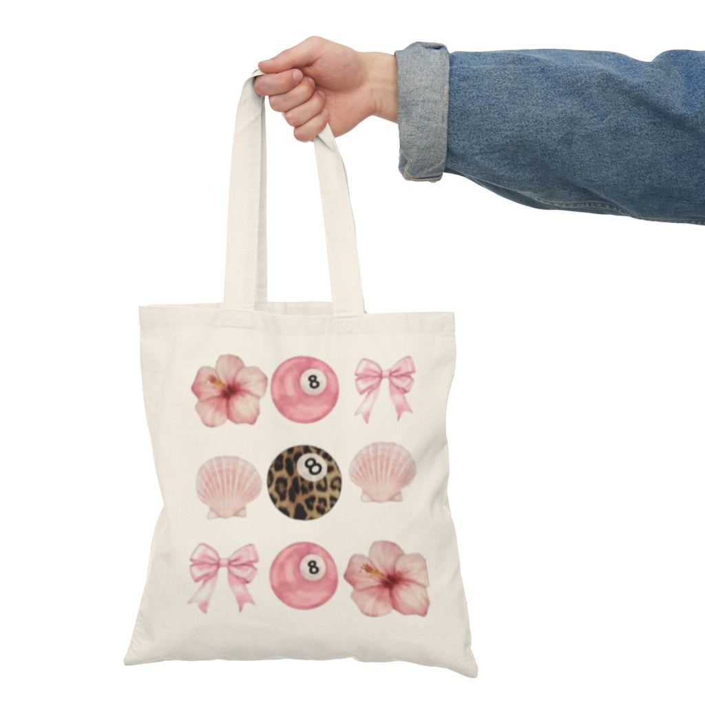 Pink Floral & Leopard 8-Ball Tote Bag — Cute Seashell Bow Canvas Tote