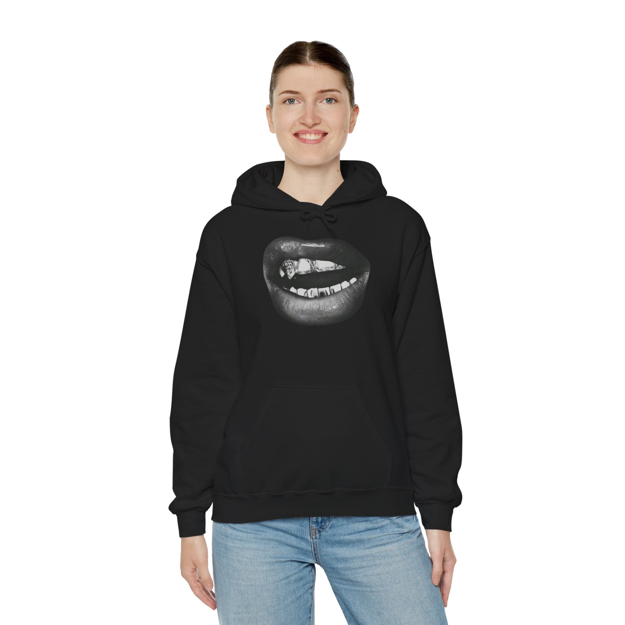 Graphic Lip Print Hoodie — Black Mouth Art Pullover