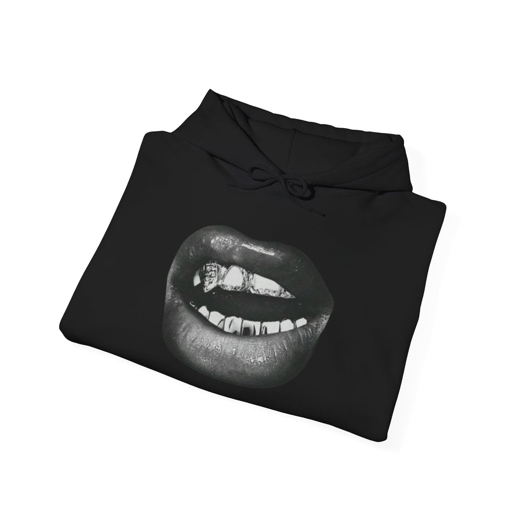 Graphic Lip Print Hoodie — Black Mouth Art Pullover