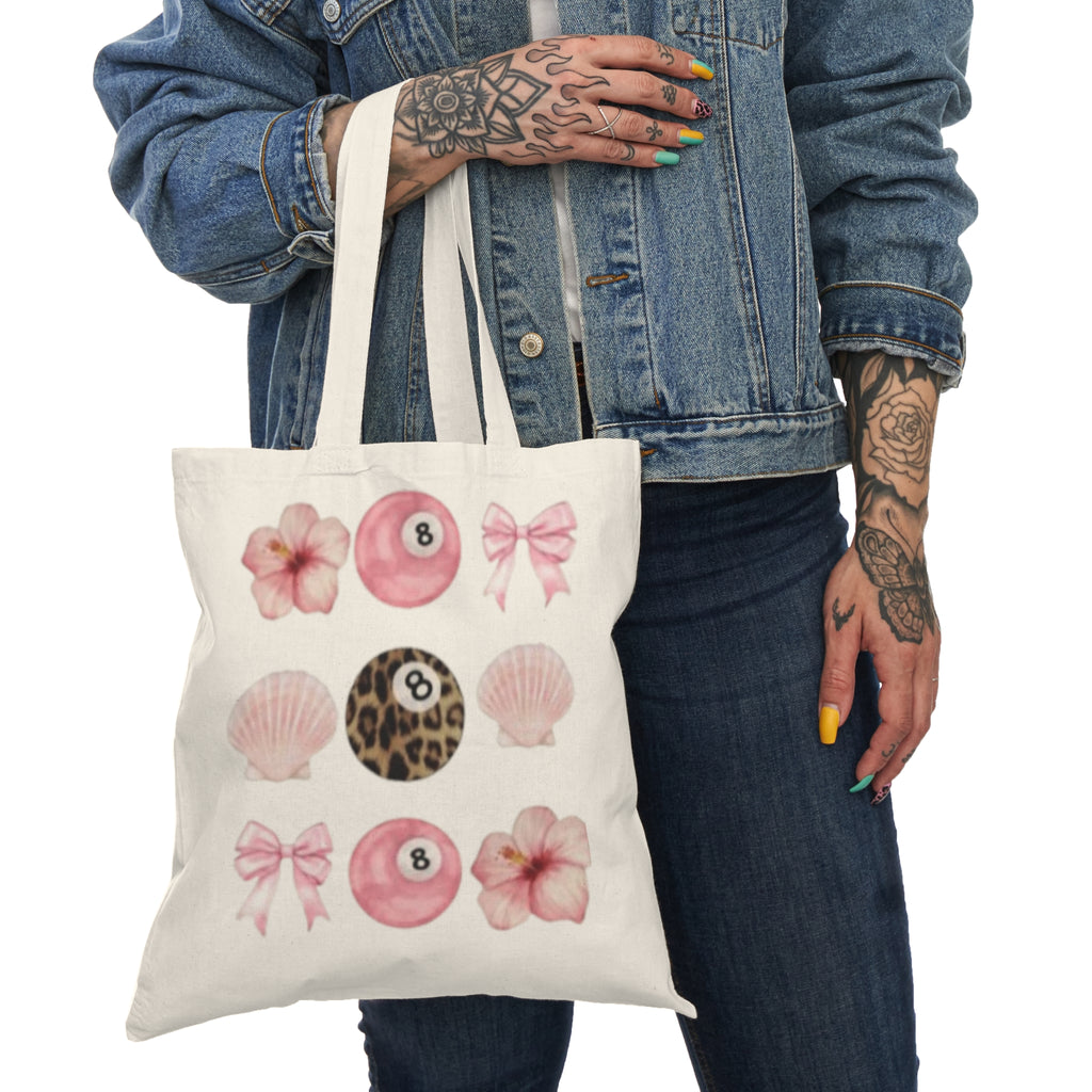 Pink Floral & Leopard 8-Ball Tote Bag — Cute Seashell Bow Canvas Tote