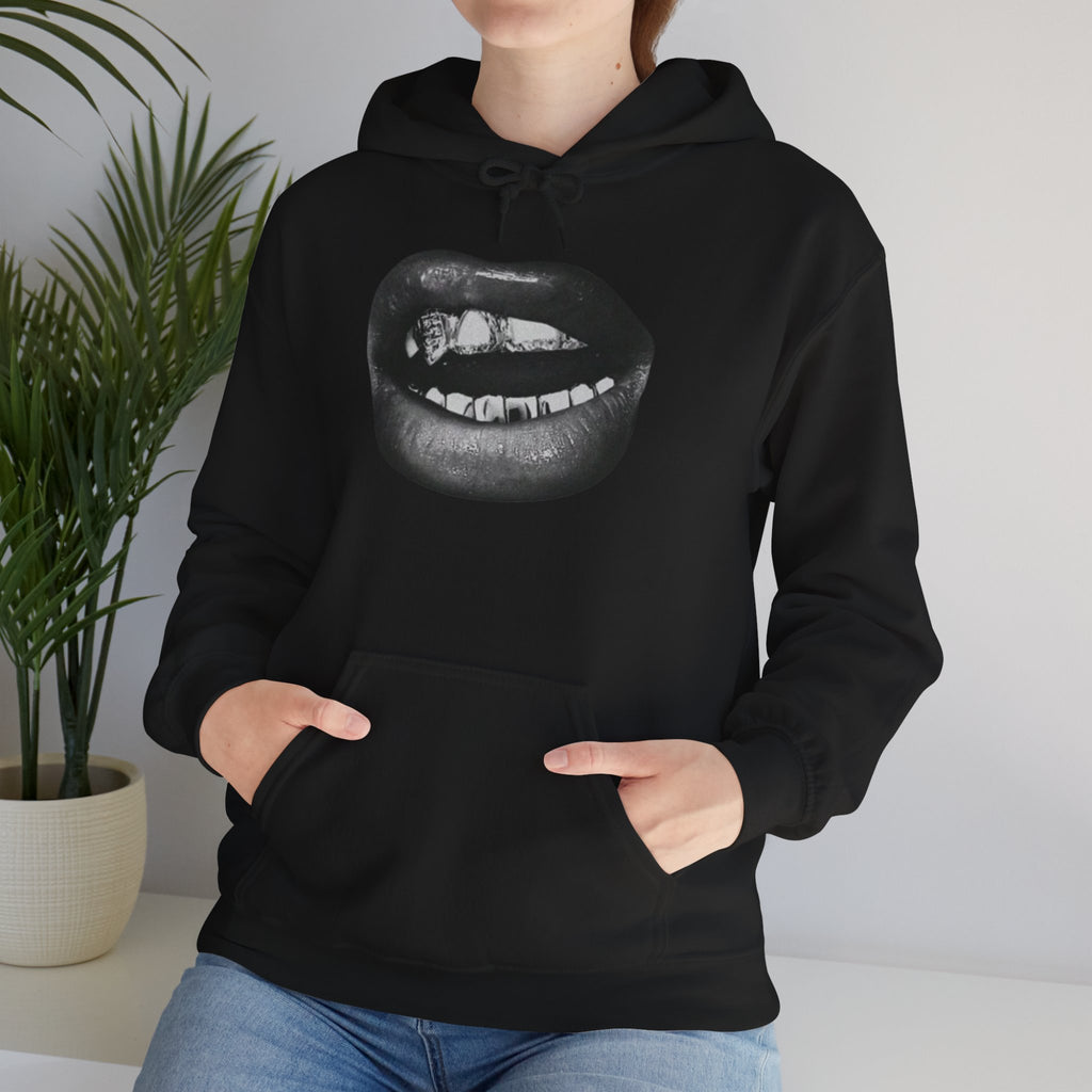 Graphic Lip Print Hoodie — Black Mouth Art Pullover