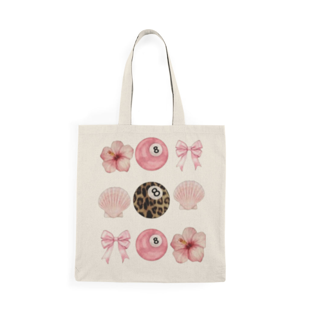 Pink Floral & Leopard 8-Ball Tote Bag — Cute Seashell Bow Canvas Tote