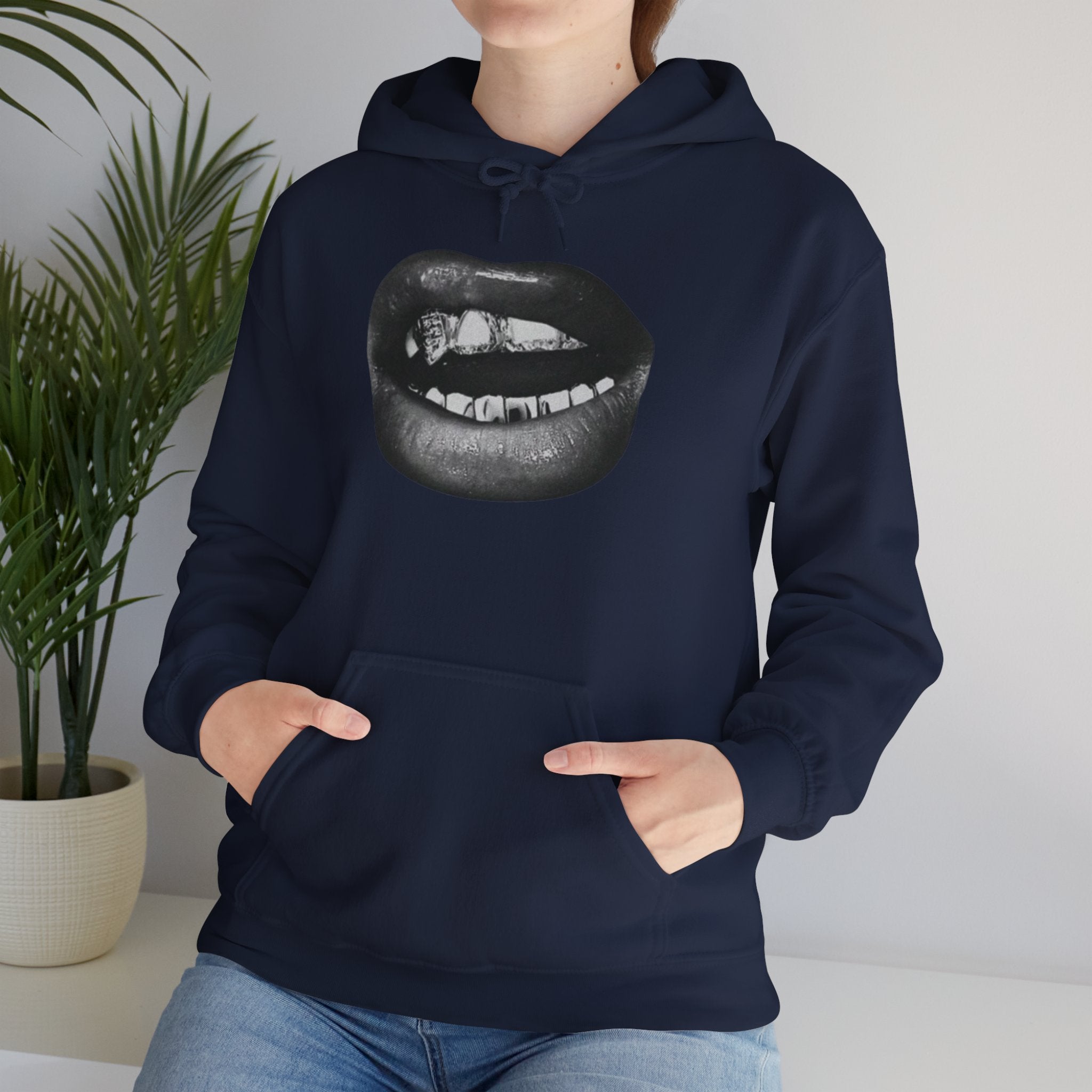 Graphic Lip Print Hoodie — Black Mouth Art Pullover